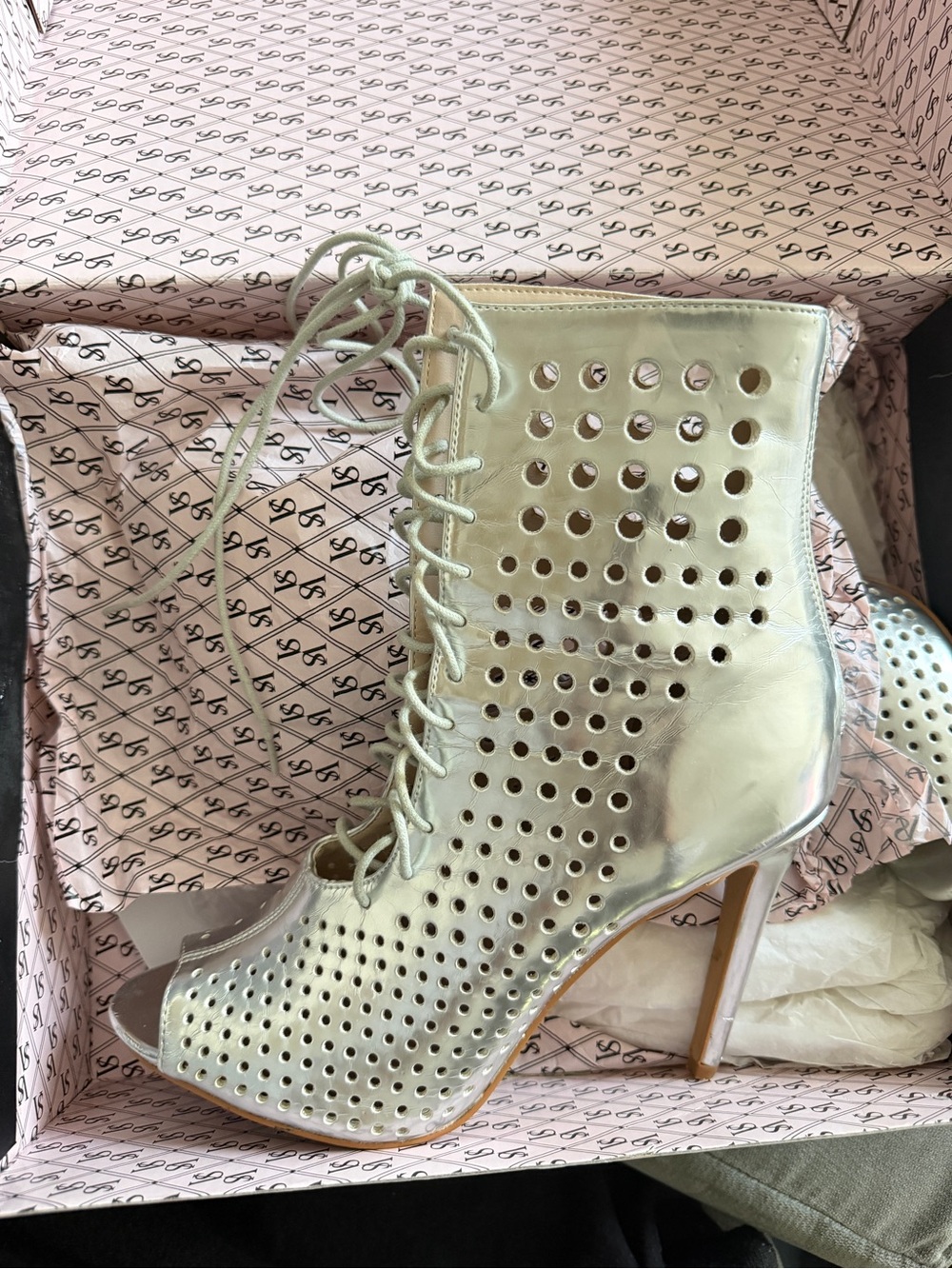 Victoria Secret Metallic Silver Lace-Up Peep-Toe High Heel Bootie